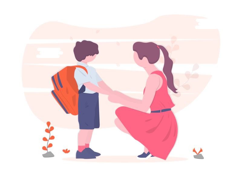 Illustration eines Schulkindes und seiner Mutter als Beispiel für partizipative Schulentwicklung